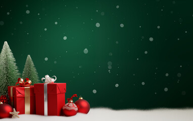 Christmas frame and gift box On the background of green and snow