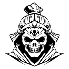Samurai skull head with angry face drawing vector illustration black and white
