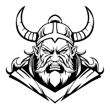 Old man Viking with angry face black and white vector illustration