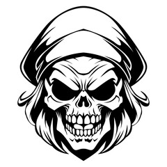 Captain skull drawing black and white vector illustration
