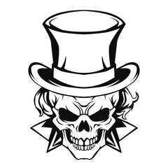 Skull with Top Hat drawing vector illustration black and white