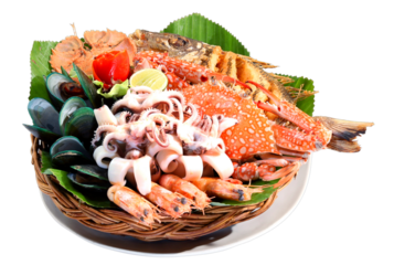 seafood platter contain blue crab, squid, rock lobster, mussel, shrimp