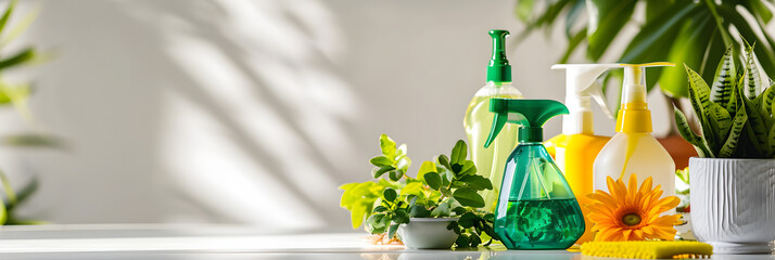 Eco-Friendly Cleaning Supplies with Plants on Bright Tabletop - obrazy, fototapety, plakaty