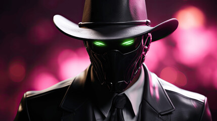 a robot in a suit and hat with green glowing eyes