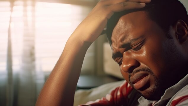 Portrait of young african american man suffering from headache at home