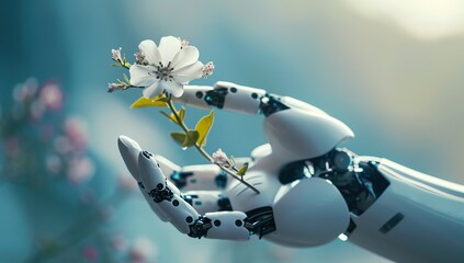 Robot hand holding flower on blurred background, artificial intelligence and machine learning concept