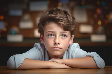 A preteen boy with tousled hair and striking blue eyes looks pensively, symbolizing youth and introspection, with a warm bokeh background