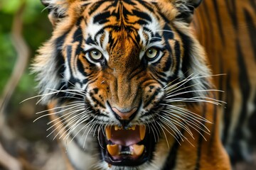 Fototapeta premium Angry roaring Royal Bengal tiger in the wild, Endangered animal of Sundarbans Indian- Bangladesh, Big cat Panthera Tigris animal photography 