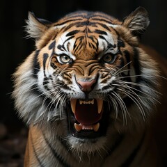 Obraz premium Angry roaring Royal Bengal Tiger isolated on black background, Endangered animal of Sundarbans