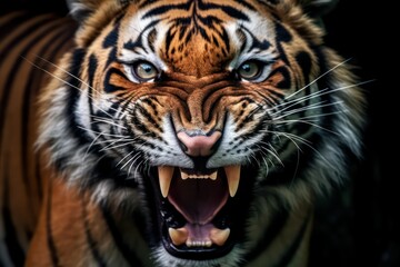 Angry roaring Royal Bengal tiger in the wild, Endangered animal of Sundarbans Indian- Bangladesh, Big cat Panthera Tigris animal photography  - obrazy, fototapety, plakaty