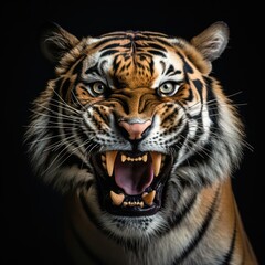 Fototapeta premium Angry roaring Royal Bengal Tiger isolated on black background, Endangered animal of Sundarbans