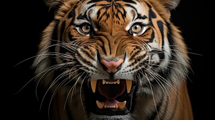 Angry roaring Royal Bengal Tiger isolated on black background, Endangered animal of Sundarbans