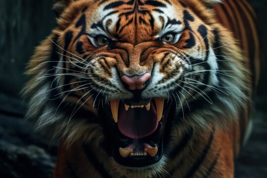 Angry Roaring Royal Bengal Tiger In The Wild, Endangered Animal Of Sundarbans Indian- Bangladesh, Big Cat Panthera Tigris Animal Photography 