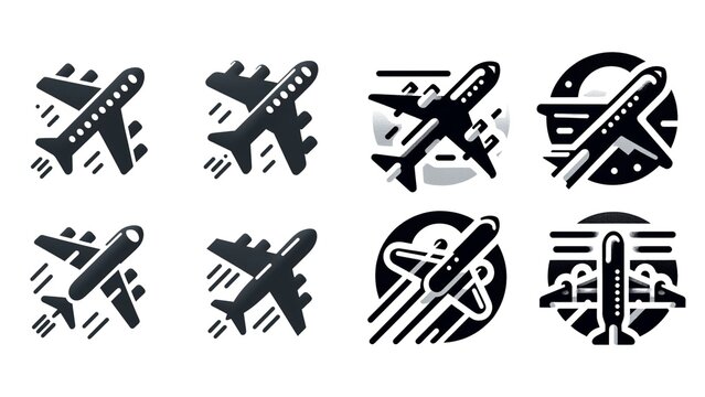 black and white airplane icons set