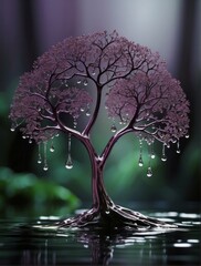 The image is of water drops forming the shape of a tree, set against a lush forest background