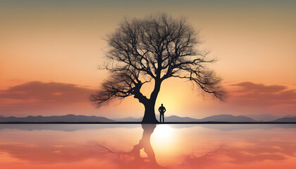 silhouette man and lone tree on sunset background