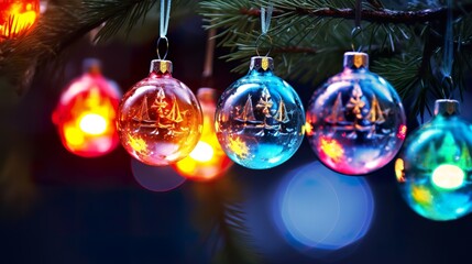 Fototapeta premium Glass-Christmas-Ornaments, rest on green tree branches with a few snowflakes that glisten. Strands of multi-colored OLED lights cast a glow. Night. Rim Lighting. Brilliant colors