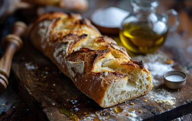 Artisanal Simplicity: Homemade Baguette with Olive Oil and Salt