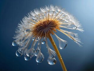 Beautiful dew drops on a dandelion seed macro. Beautiful blue background