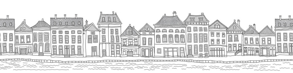 Vector seamless border pattern, panorama of fairy tale Dutch houses street. Coloring book page