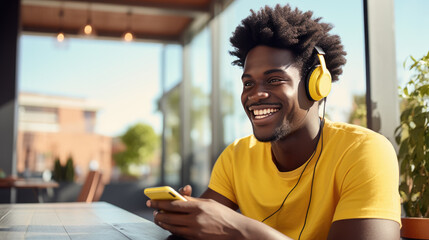 Young man smiling while looking at his phone and listening to music with headphones at home