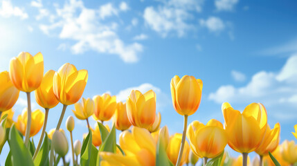 Bright and colorful field of blooming yellow and white tulips under a clear blue sky with the sun shining vividly above.