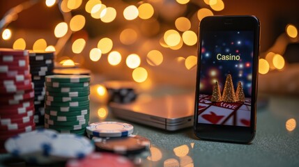 Online casino game of poker and blackjack in your smartphone or laptop, casino on the monitor screen, chips and roulette dice, banner, advertising, inscription, poster