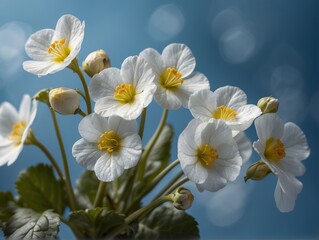 Fototapeta na wymiar Spring forest white flowers primroses on a beautiful blue background macro