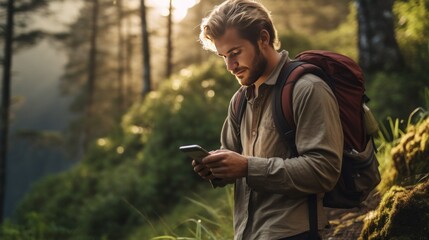 Handsome young man using mobile phone while hiking in the forest