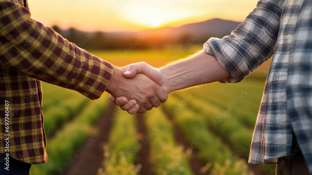 Poster Two farmers shake hands in front of a wheat field.