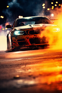 drift. The car is slipping on the asphalt. smoke from under the wheels. generative ai © Alexander Odessa 