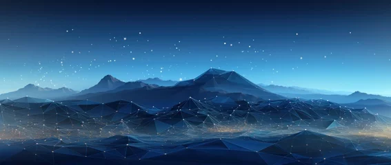 Foto op Canvas night, sky, light, nature, star, dusk, skyline, urban, downtown, evening. night sky landscape with alpine mountain valley, low clouds, starry sky, and dark blue sky, city illumination via ai generate. © Day Of Victory Stu.