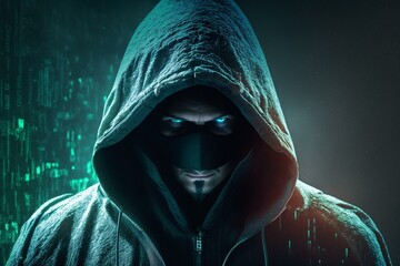 Image of a futuristic hacker in cloak defending cyber threats. Generative AI - obrazy, fototapety, plakaty