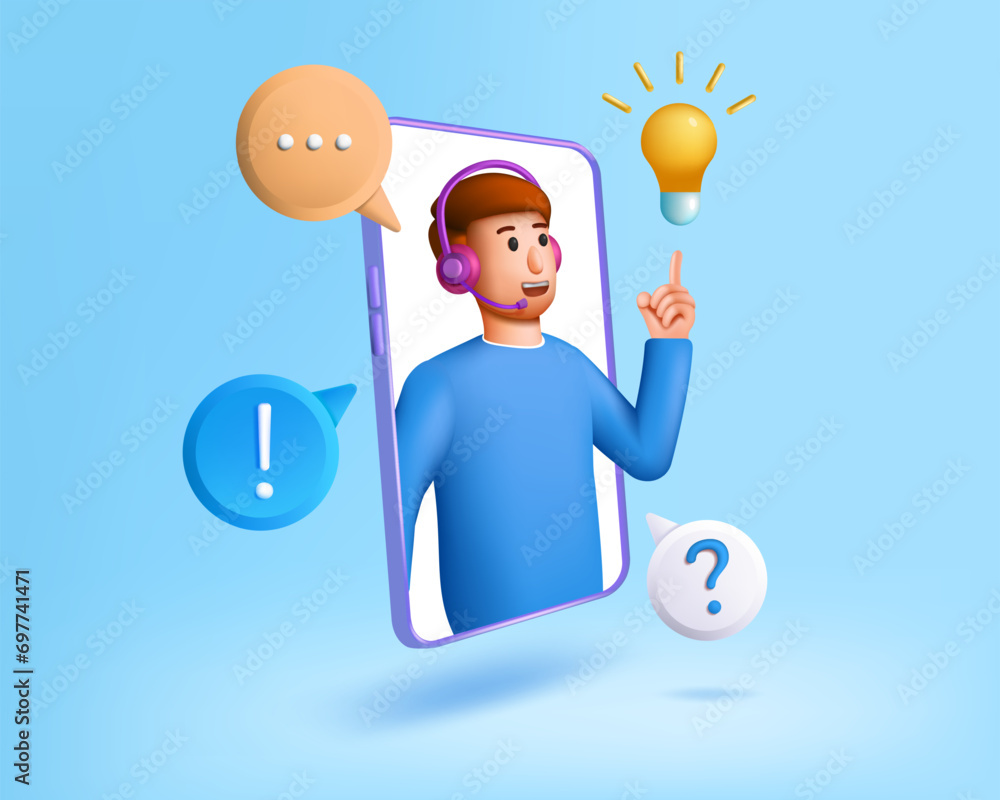 Poster customer support. 3d call service icon, professional client operator character in office contact. re