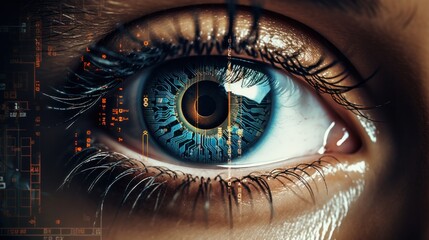 Fototapeta premium eye, iris, security, ai, futuristic, artificial intelligence, innovation, future, intelligence, identity. close up of human eye with HUD interface. technology digital program futuristic applications.
