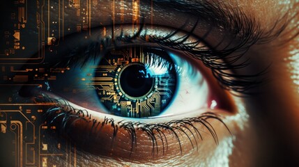 eye, iris, security, ai, futuristic, artificial intelligence, innovation, future, intelligence, identity. close up of human eye with HUD interface. technology digital program futuristic applications.