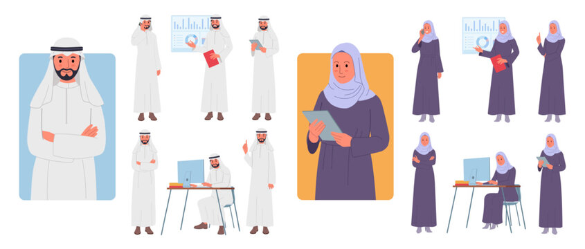 Arab characters. Saudi man and woman, Muslim teacher and businessman, Emirates employee work office in hijab, traditional suit, different Arabian workers. Vector cartoon flat illustration set