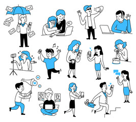Doodle people. Sketch line characters. Social media influencer. Adult couple meeting. Online communication. Dating app. Spam letters. Phone messenger. Vector cartoon drawing persons set