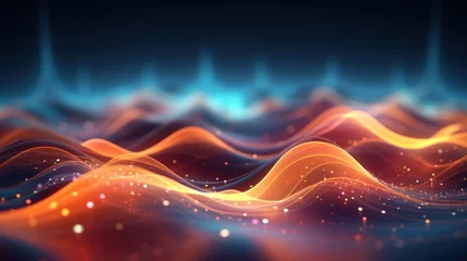 Fotobehang wave, line, art, curve, design, flow, motion, smooth, flowing, gradient. abstract art background image with smooth lines mystery blue color motion curve mix it middle, likes liquid via ai generate. © Day Of Victory Stu.