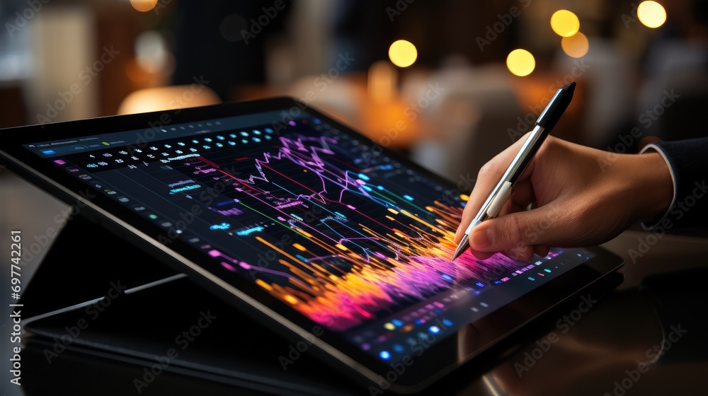 Fototapete close-up shot of a pen drawing ascending stock trend lines on a touchscreen tablet with precision. g