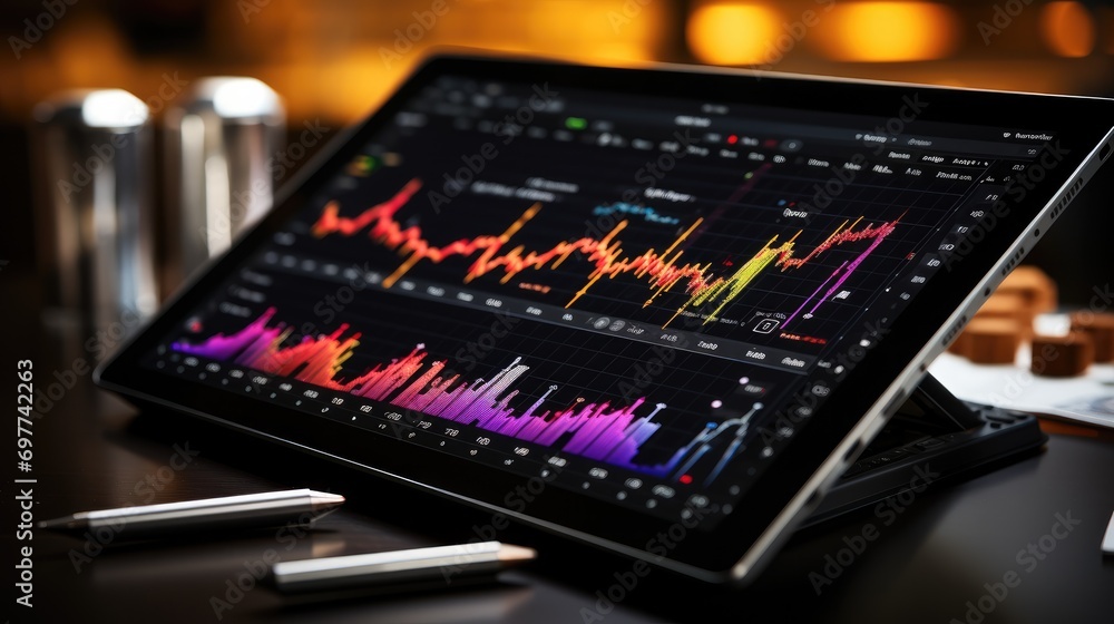 Fototapete close-up shot of a pen drawing ascending stock trend lines on a touchscreen tablet with precision. g