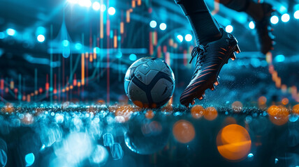 portrait of foot of a soccer player kicking a ball, investing or trading in stock or currency market background concept - obrazy, fototapety, plakaty