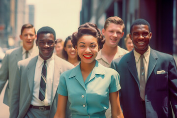 Retro style African American from 1960s walking to work with beautiful old-fashioned clothes.