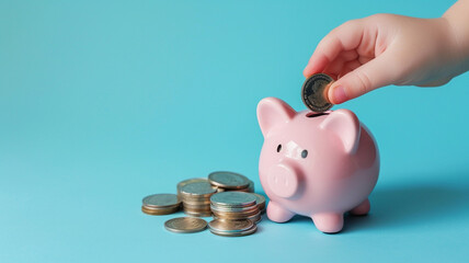 Child's hand holding a coin and piggy bank on blue background, save money for retirement and achieve financial freedom