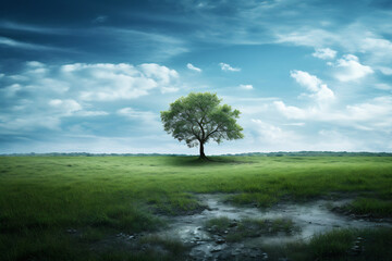 Beautiful countryside horizon with green tree, warm spring in village, ai generative