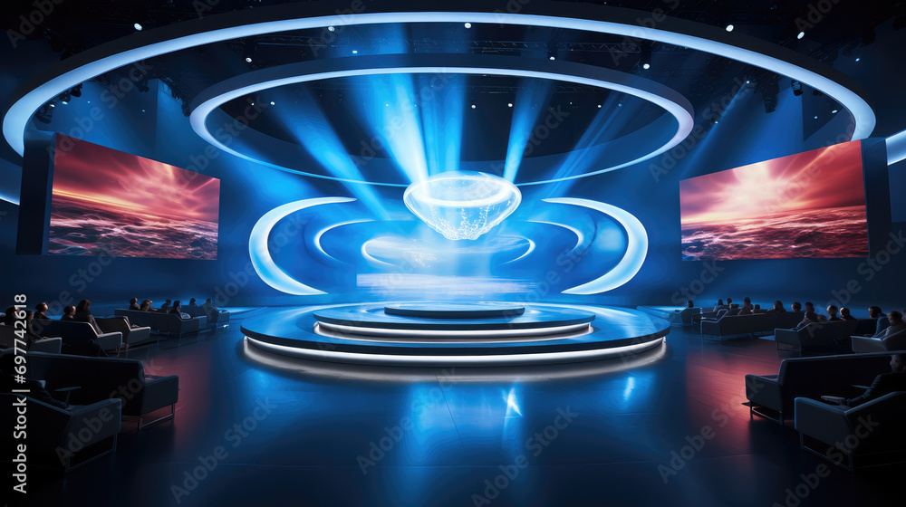 Poster modern annual meeting stage design, rectangular led screen, central elongated led screen. generative
