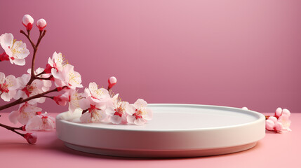 Obraz na płótnie Canvas Empty podium or pedestal on a pink platform for product display, on a pink background.Nearby sakura flowers.Space for text