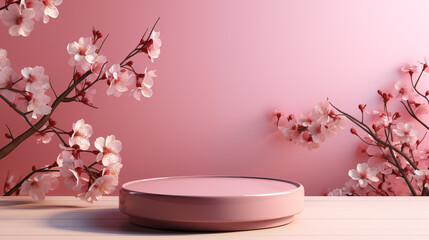 Empty podium or pedestal on a pink platform for product display, on a pink background.Nearby sakura flowers.Space for text
