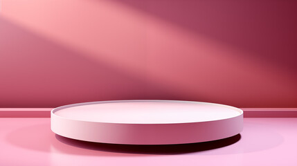 Empty podium or pedestal on pink platform for product display, pink background. space for text
