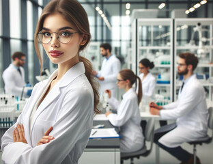 beautiful young woman scientist wearing a white coat and glasses in a modern Medical